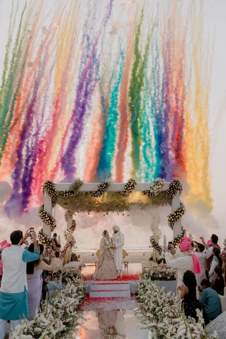 Rainbow fireworks beach wedding Puri